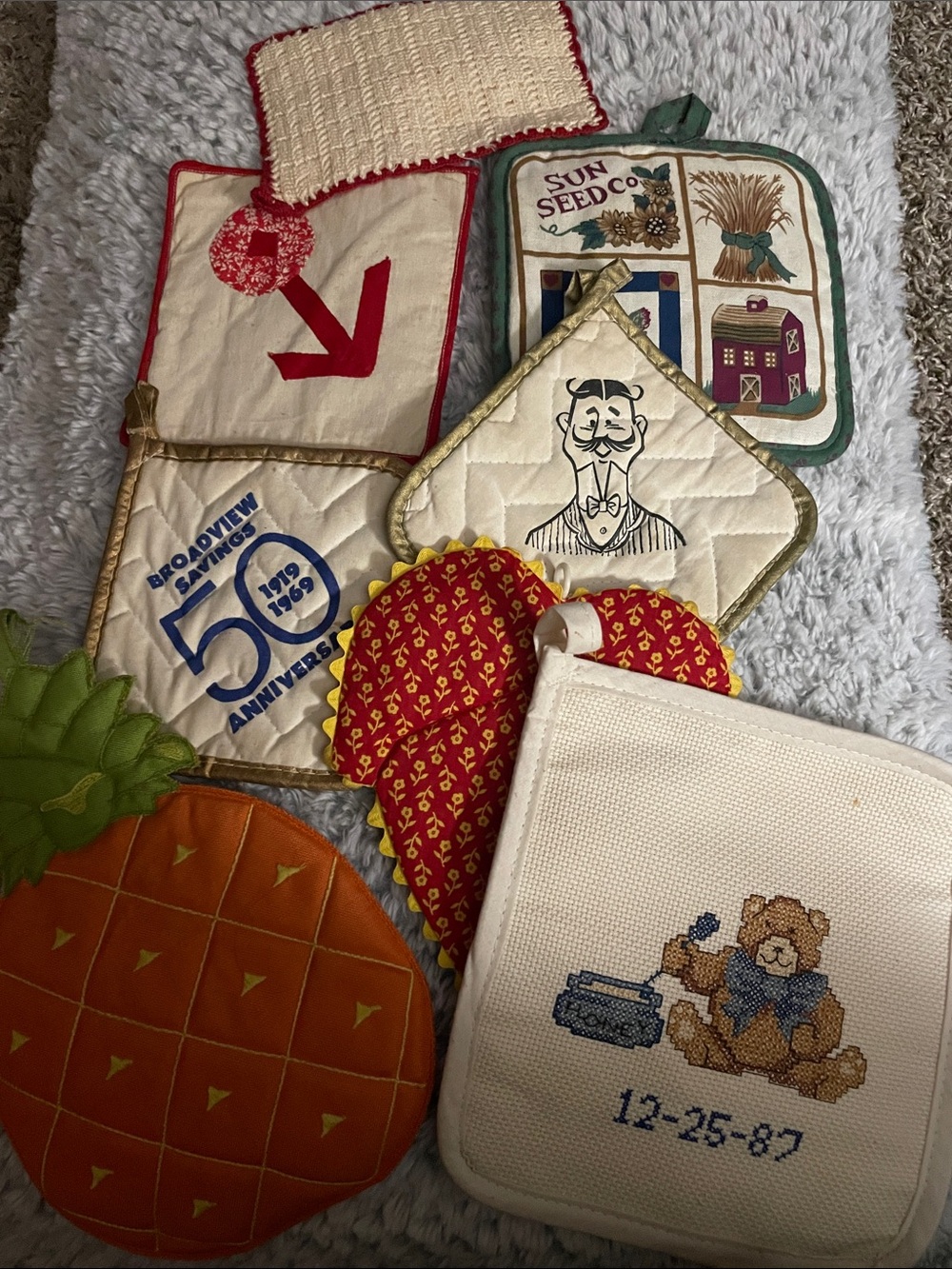 Assorted Quilted Kitchen Pot Holders - Cream, Red, Green, Orange, Tan